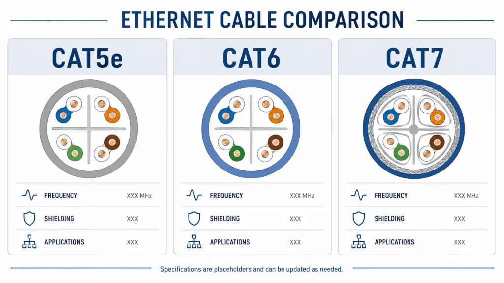 Cat5e Cat6 and Cat7 Ethernet cable category comparison
