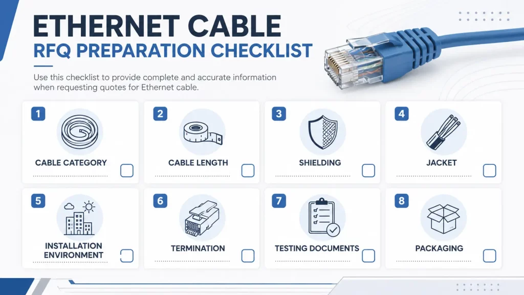 RFQ checklist for Ethernet cable category shielding jacket length and testing documents
