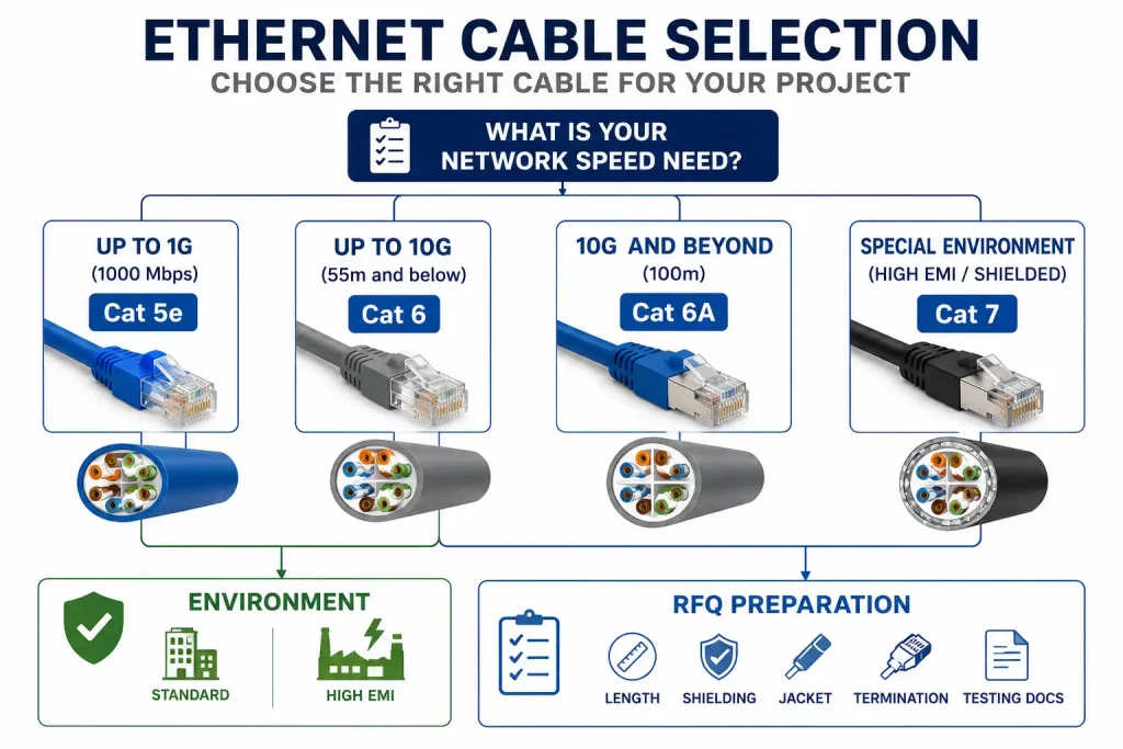 Decision map for choosing Cat5e Cat6 or Cat7 Ethernet cable
