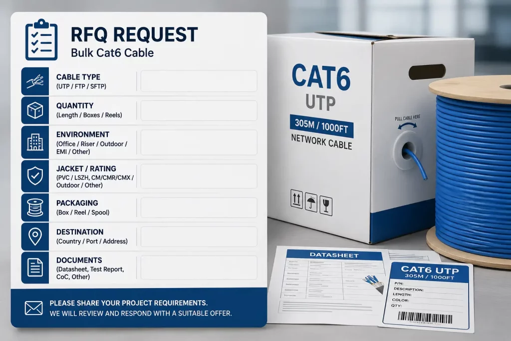 RFQ card showing cable type, quantity, environment, rating, packaging, destination, and document needs.