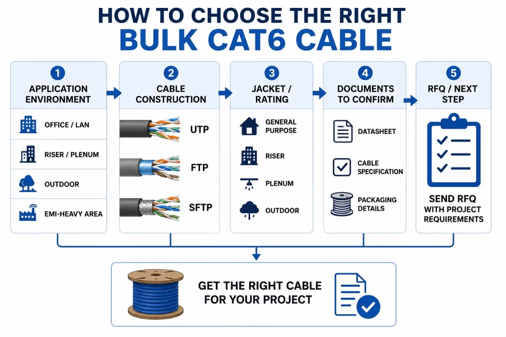 Flowchart showing how buyers choose bulk Cat6 cable by application, shielding, jacket rating, and documentation.
