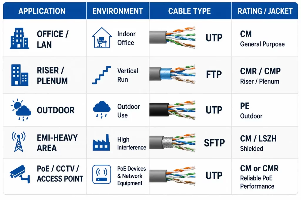 Matrix comparing Cat6 cable selection questions for office, riser, plenum, outdoor, and EMI environments.
