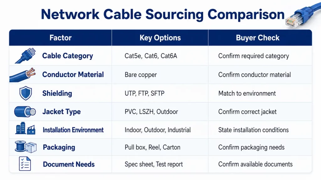 Comparison of cable category, shielding, jacket, conductor, and environment factors

