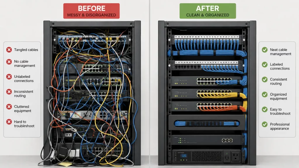 Diagram comparing tangled unlabeled rack cables with organized labeled patch cables
