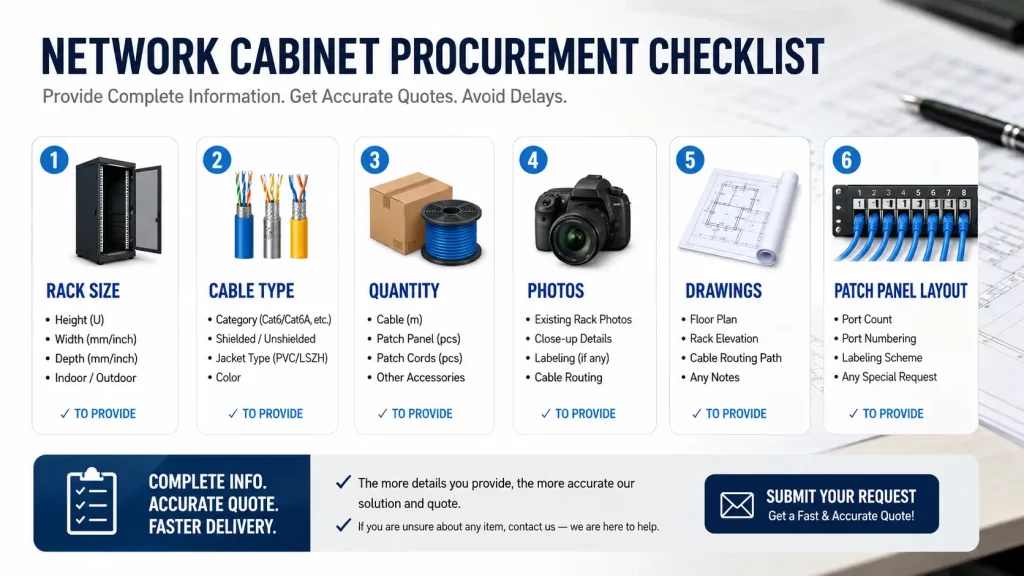 Checklist for rack size, cable count, cable type, layout photos, and accessory needs
