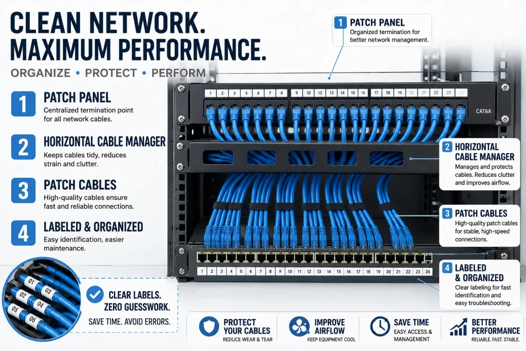 Patch panel with labeled ports and routed patch cables through cable managers
