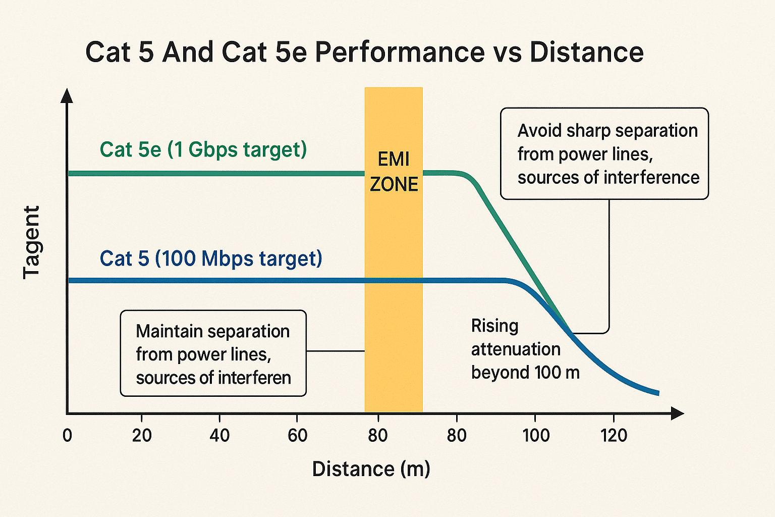  Chart showing Cat 5 stable to 100 m with rising attenuation beyond, plus EMI and cable-handling best-practice notes. 