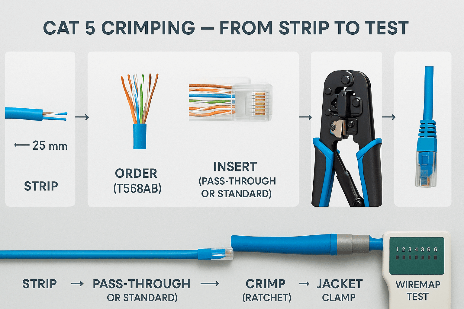 Stepwise graphic showing Cat 5 strip, T568A/B ordering, insertion, crimping with jacket clamp, and wiremap testing.