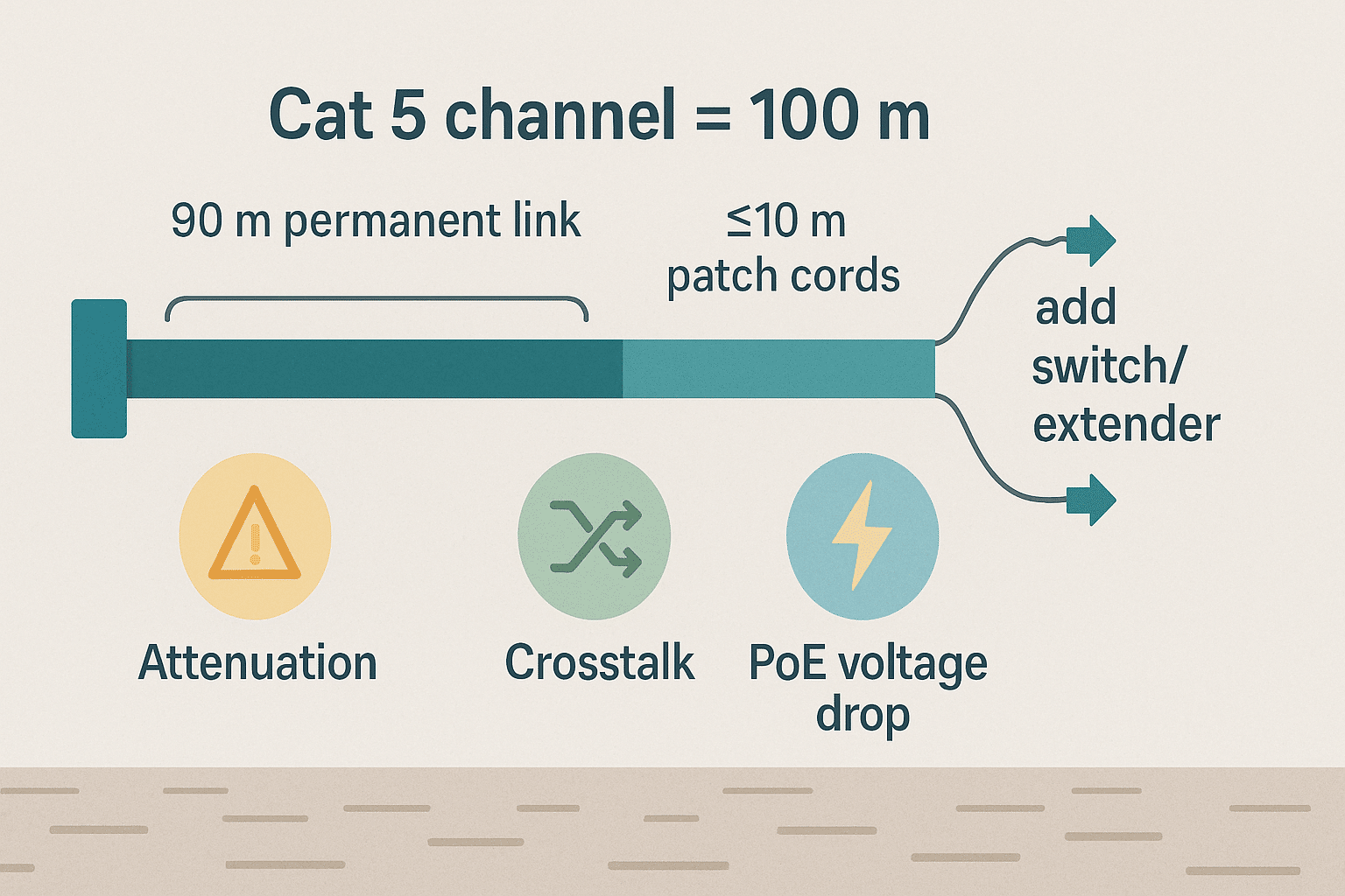 Diagram of the 100 m Cat 5 channel with 90 m permanent link plus patch cords, noting attenuation, crosstalk, PoE drop, and options beyond 100 m.