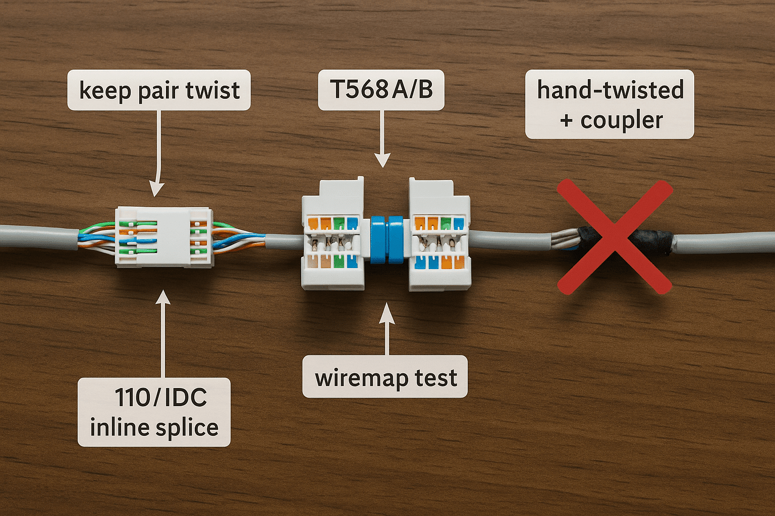 Illustration comparing rated inline splice and dual keystone repair for Cat 5/5e, highlighting twist retention, T568A/B, and testing.