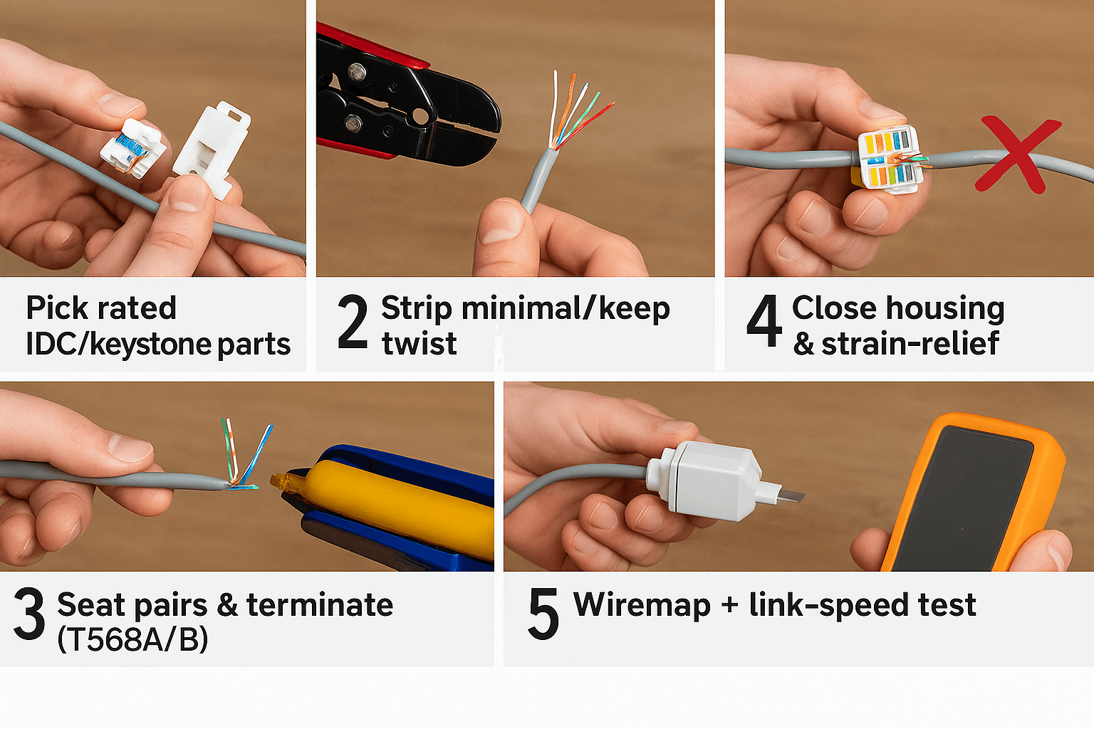 Stepwise graphic showing minimal strip, twist retention, clean termination to T568A/B, strain-relief, and final wiremap/link-speed testing for a Cat 5 splice. 