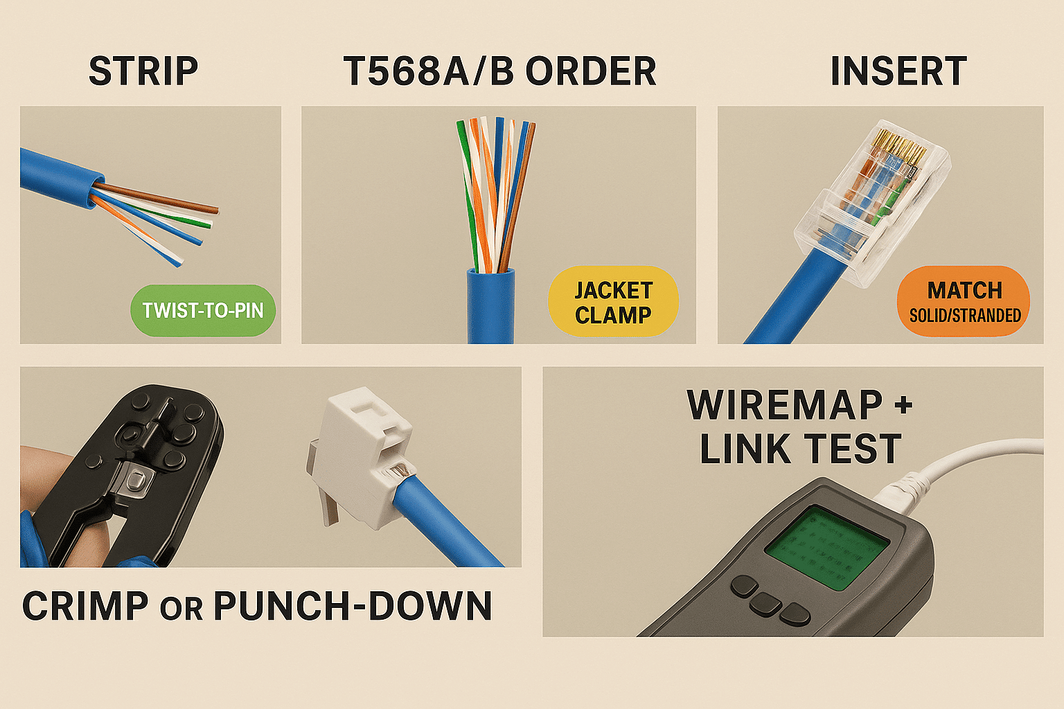 Stepwise graphic showing strip, color order, insertion, crimp/punch-down, and final wiremap/link test.