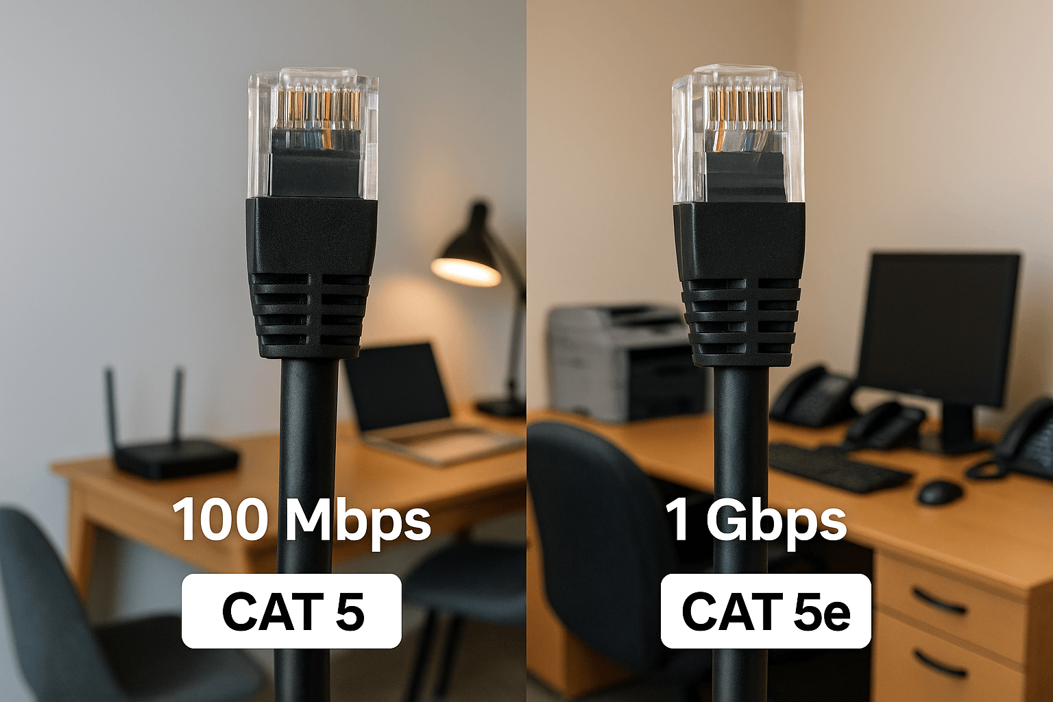 Illustration showing the cat 5 cable speed limit of 100 Mbps versus Cat 5e at 1 Gbps in home and small office settings.