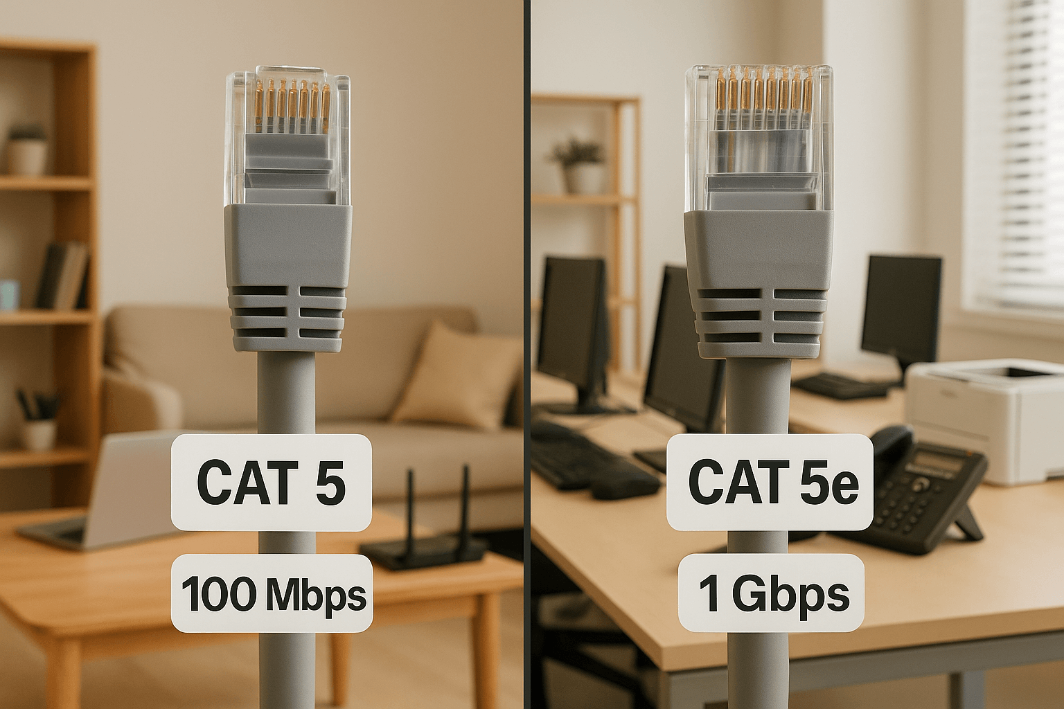Comparison of Cat 5 at 100 Mbps versus Cat 5e at 1 Gbps with home and small office use cases. 