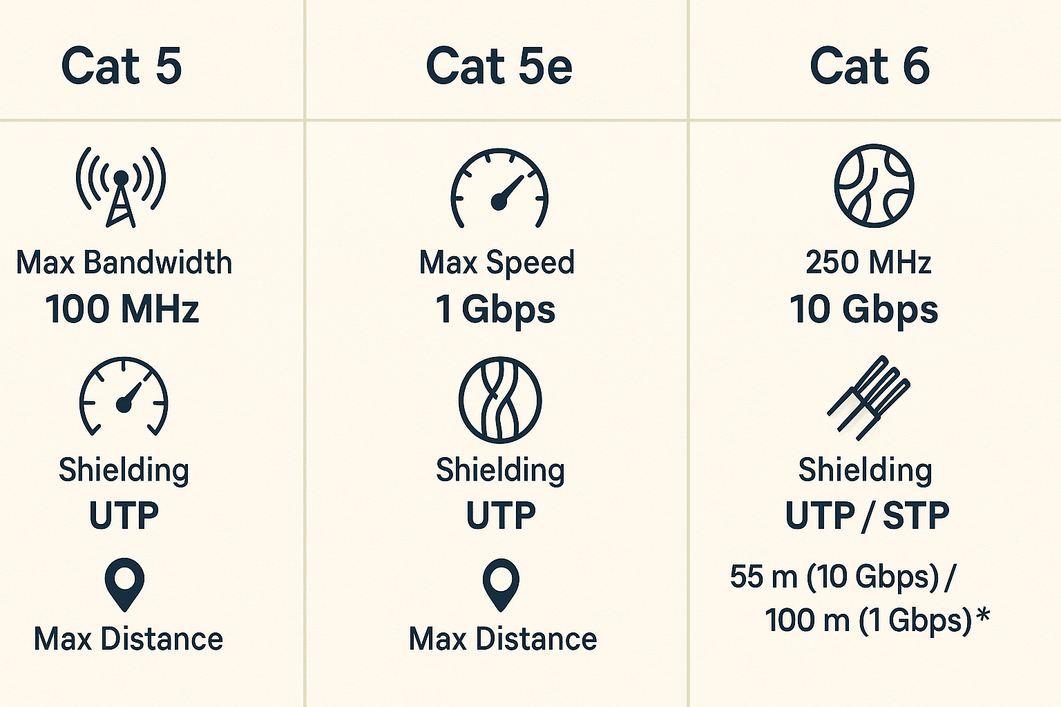 Visual table contrasting bandwidth, max speed, shielding, and distance for Cat 5, Cat 5e, and Cat 6 Ethernet cables. 