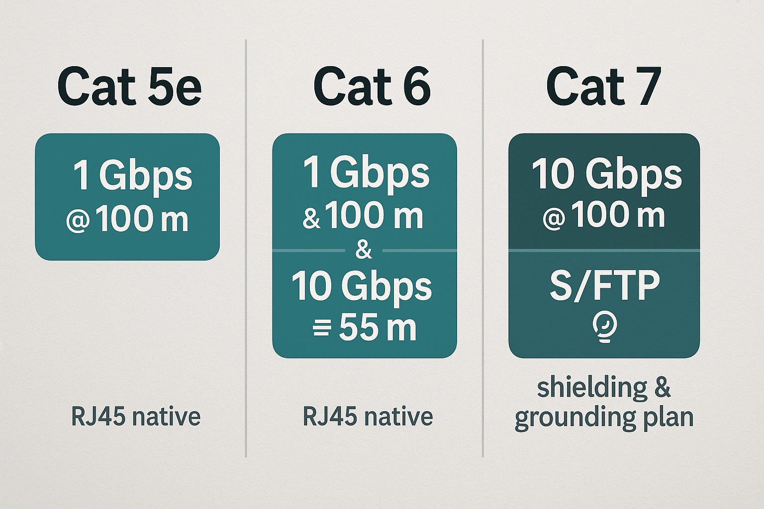  Side-by-side art comparing speed, distance windows, shielding, and RJ45 compatibility for Cat 5e, Cat 6, and Cat 7. 