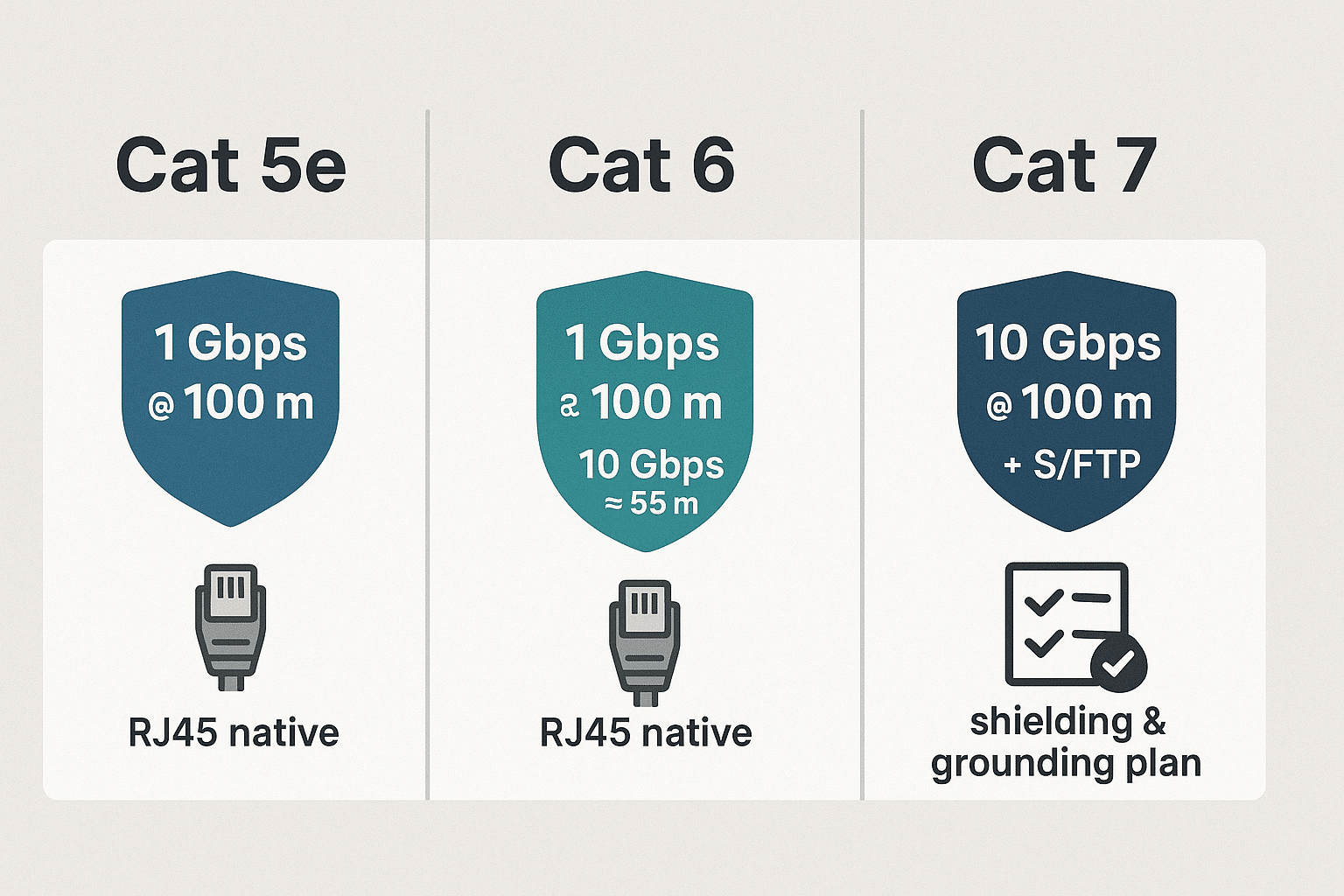 Side-by-side comparison of Cat 5e, Cat 6, and Cat 7 showing 1 Gbps/10 Gbps distance limits, shielding types, and RJ45 compatibility.