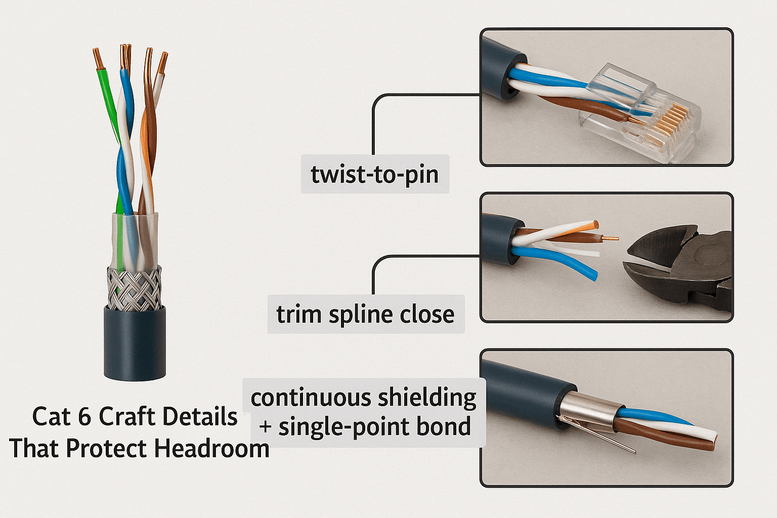 Diagram showing twist retention, spline handling, and proper shielding practice for Cat 6. 
