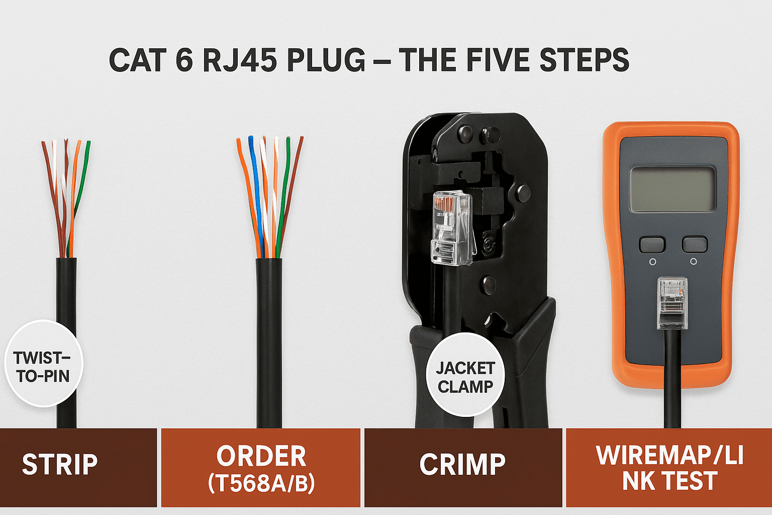 Step sequence for crimping an RJ45 plug onto Cat 6. 