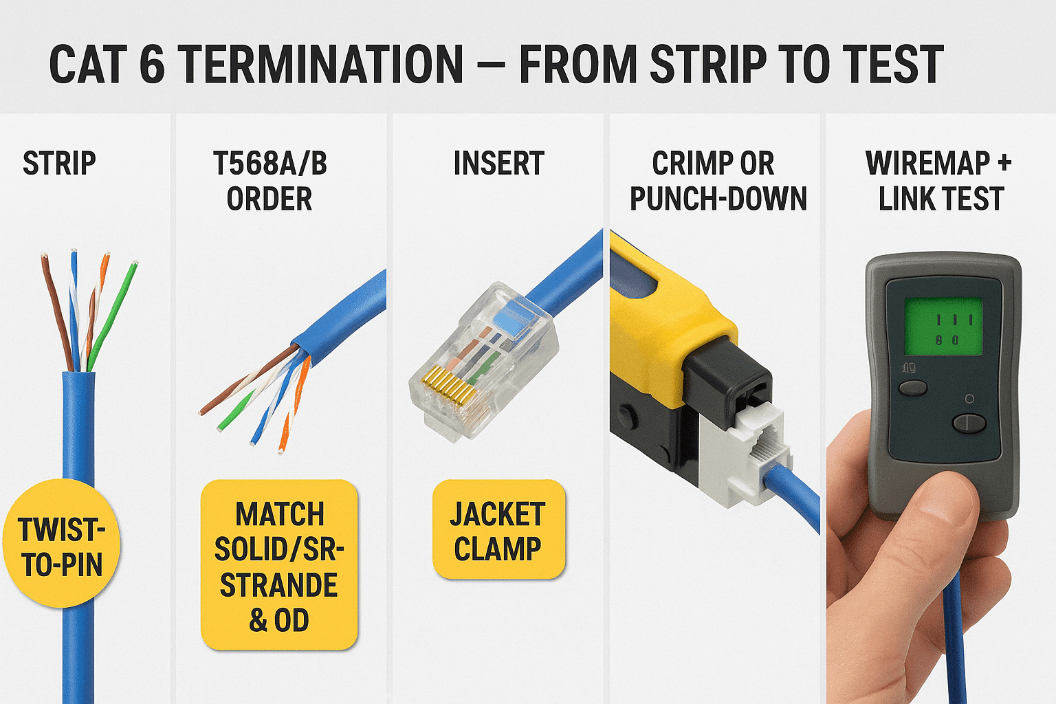 Stepwise graphic showing strip, color order, insertion, crimp/punch-down, and final wiremap/link test for Cat 6.