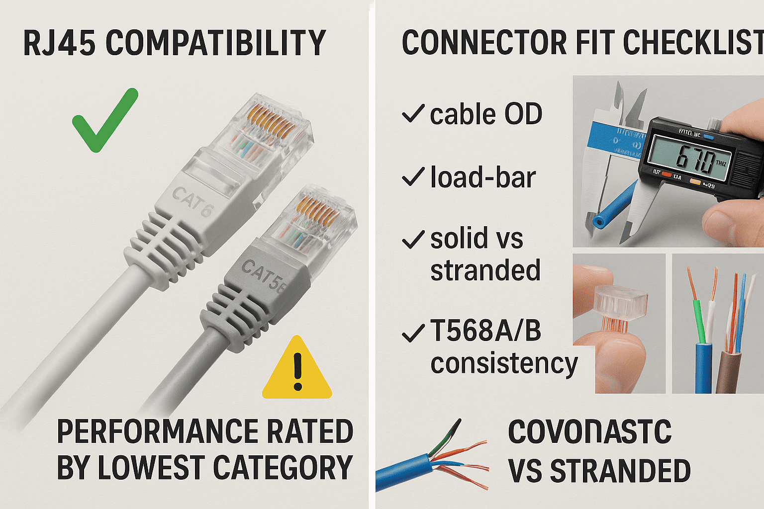 Graphic showing Cat 6 and Cat 5/5e RJ45 compatibility, the lowest-category performance rule, and a connector-fit checklist.