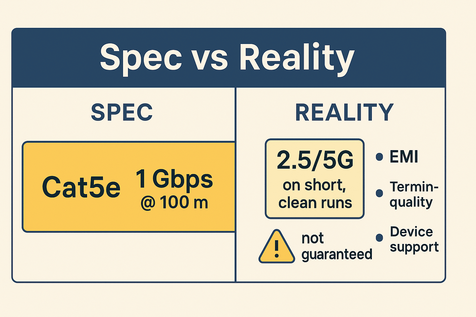 Band graphic showing Cat5e’s 1 Gbps at 100 meters and smaller 2.5/5G windows under strict conditions.