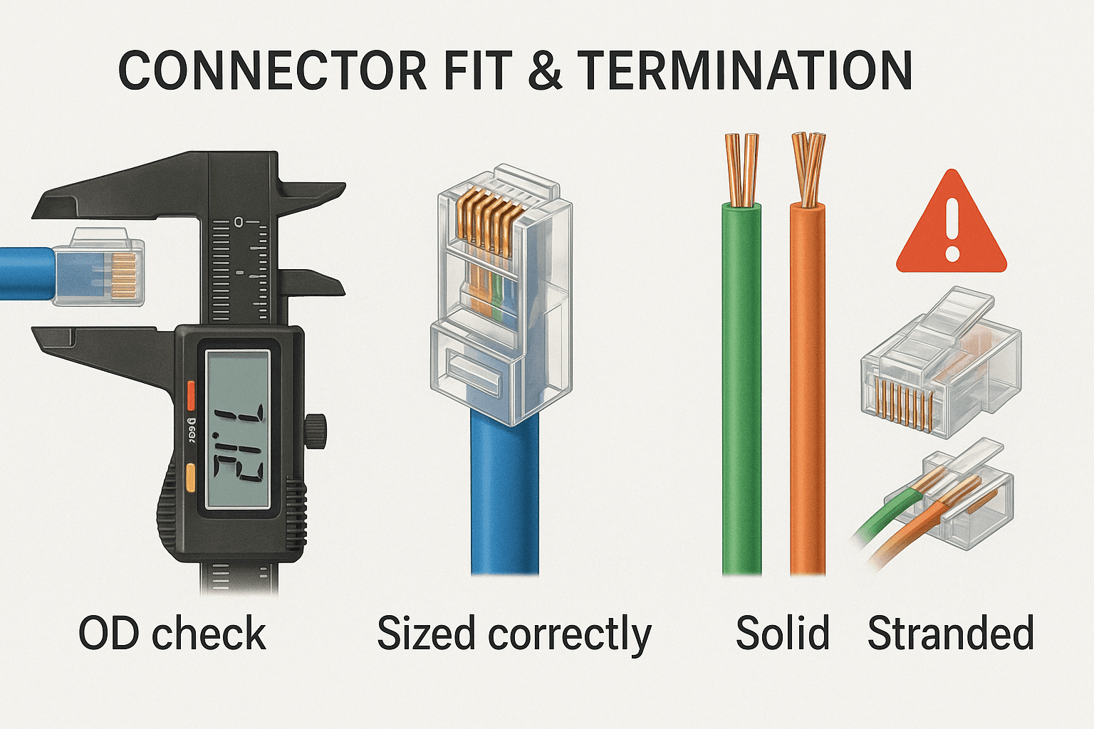 Infographic showing Cat 6 cable OD measured with calipers, proper load-bar fit, solid vs stranded conductor plugs, and a warning against force-fitting mismatched connectors.