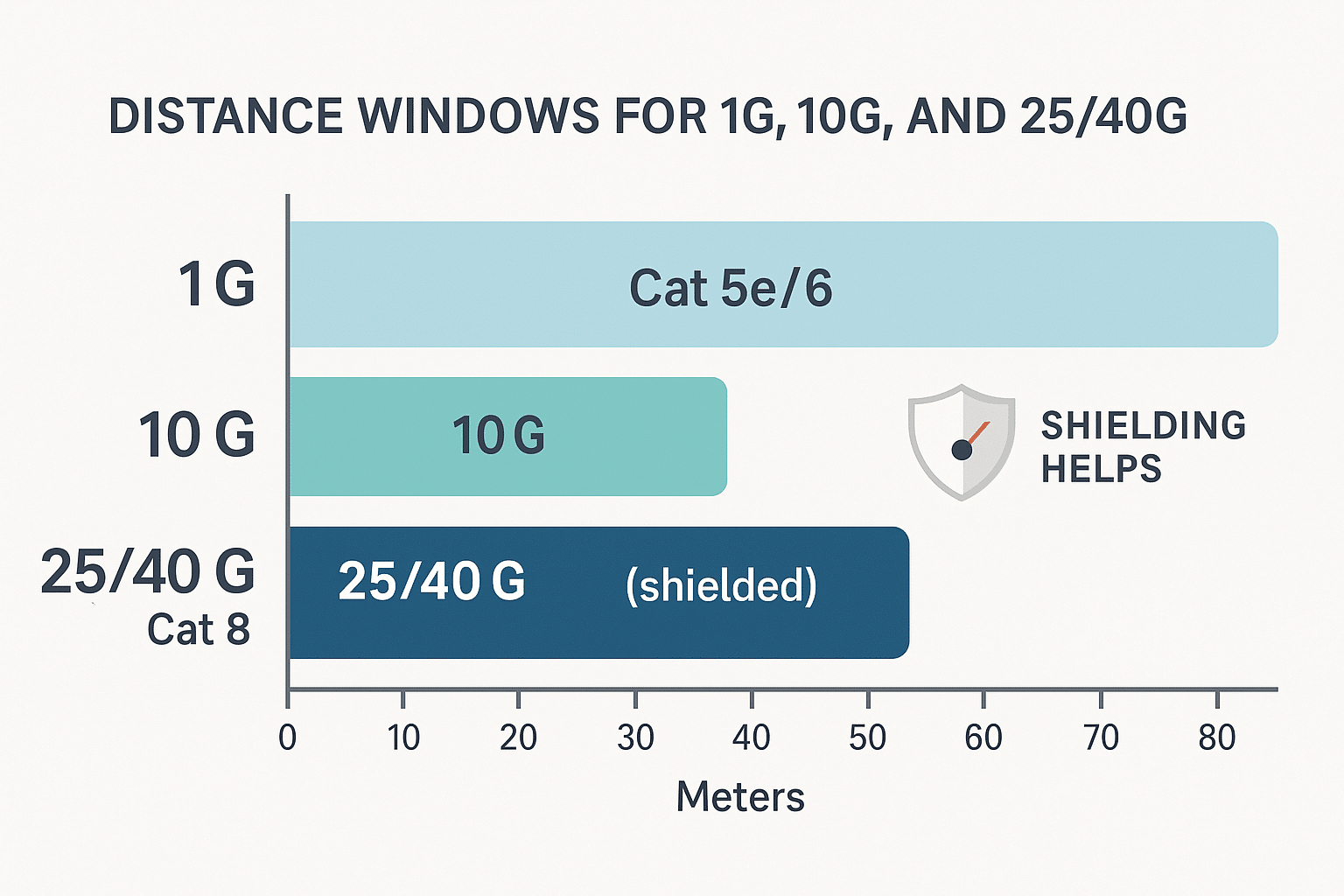 Band chart showing reliable reach for 1 Gbps on Cat 5e/6, short-reach 10 Gbps on Cat 6, and 25/40 Gbps on short Cat 8 channels. 