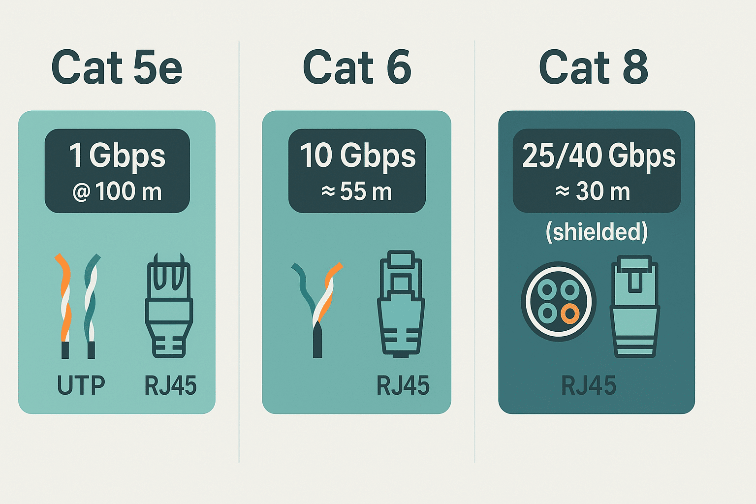 Side-by-side graphic summarizing speed-distance windows, shielding type, and RJ45 considerations for Cat 5e, Cat 6, and Cat 8. 