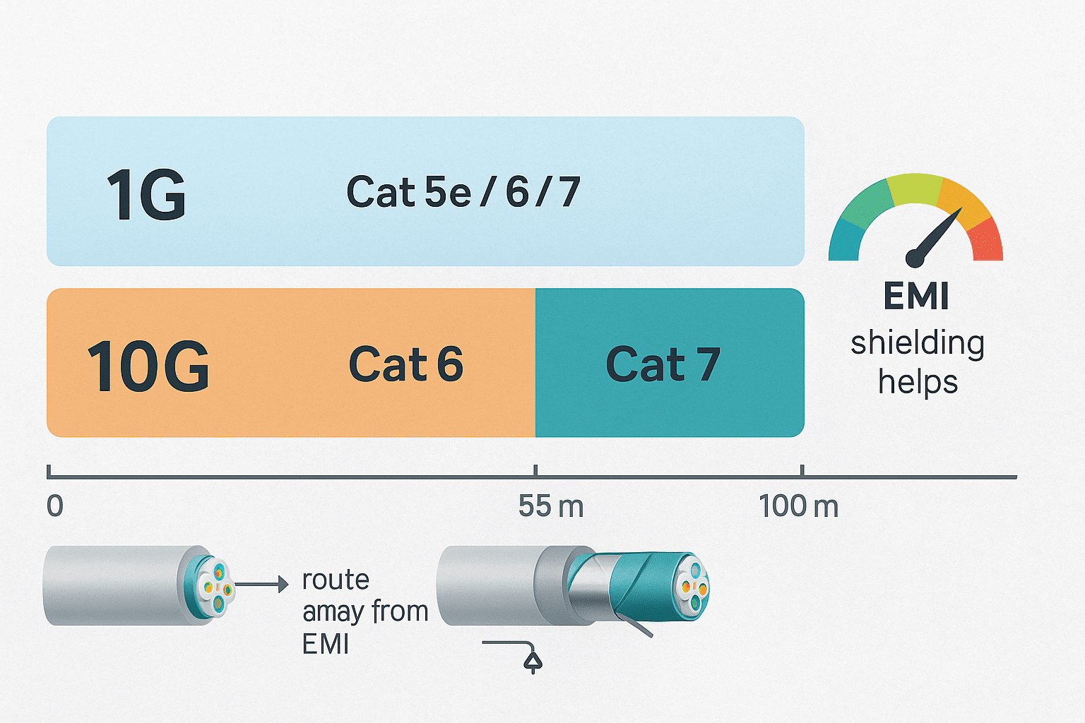 Band chart showing reliable ranges for 1 Gbps and 10 Gbps on Cat 6 and Cat 7, with EMI impact hints. 