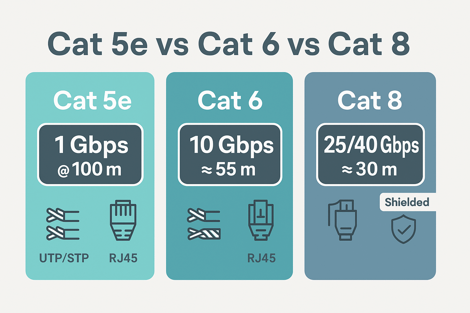 Side-by-side comparison art showing speed-distance windows and shielding for Cat 5e, Cat 6, and Cat 8.