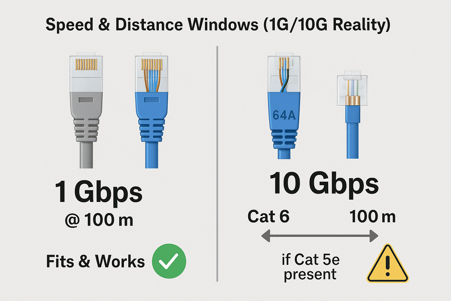 Infographic showing that Cat 5e and Cat 6 both support 1 Gbps at 100m, while 10 Gbps requires end-to-end Cat 6 (up to 55m) or Cat 6A (up to 100m), with any Cat 5e segment limiting performance.