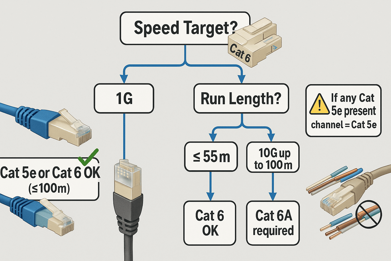 Flowchart showing that Cat 5e supports 1 Gbps at 100m, Cat 6 supports 10 Gbps up to 55m, and Cat 6A supports 10 Gbps up to 100m, with performance always limited to the lowest category in the path.