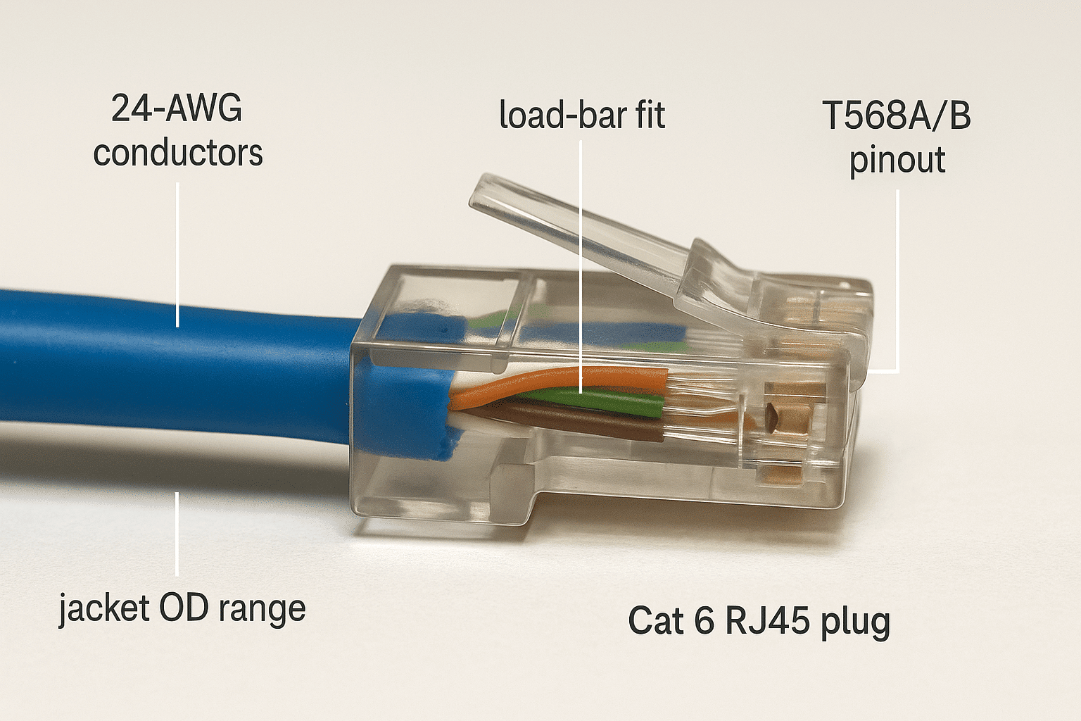 Diagram showing a Cat 6 RJ45 connector fitted to Cat5e with labeled 24-AWG conductors, proper load-bar, jacket OD match, and T568A/B termination. 