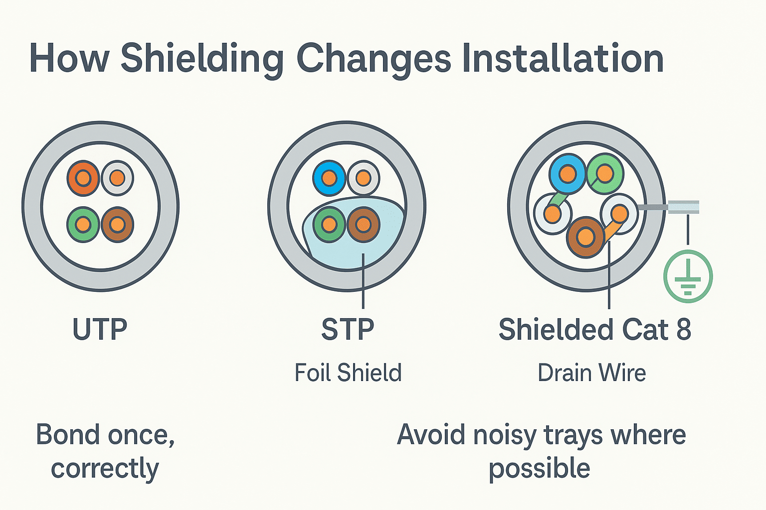 Cross-section comparison of UTP, STP, and shielded Cat 8 showing where shielding and grounding fit in the build. 