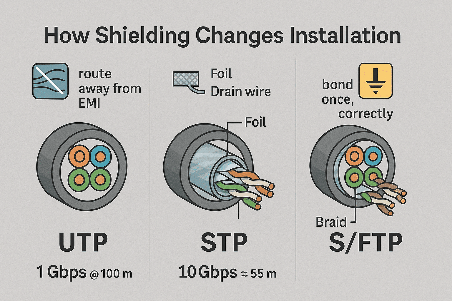 Cross-section comparison of UTP, STP, and S/FTP showing where shielding and grounding fit in the cable build. 