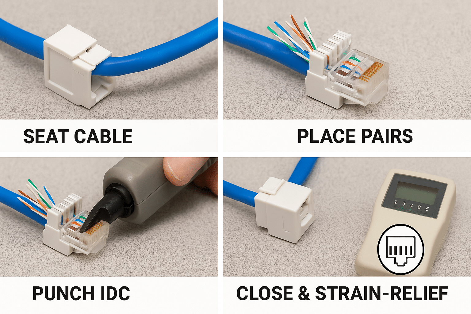 Visual walkthrough of keystone IDC termination with a final wiremap step.