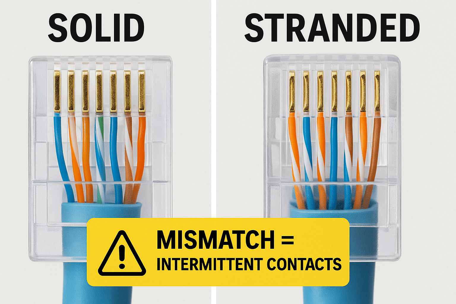 Close-up showing the different tooth styles for solid and stranded RJ45 plugs and why matching matters. 