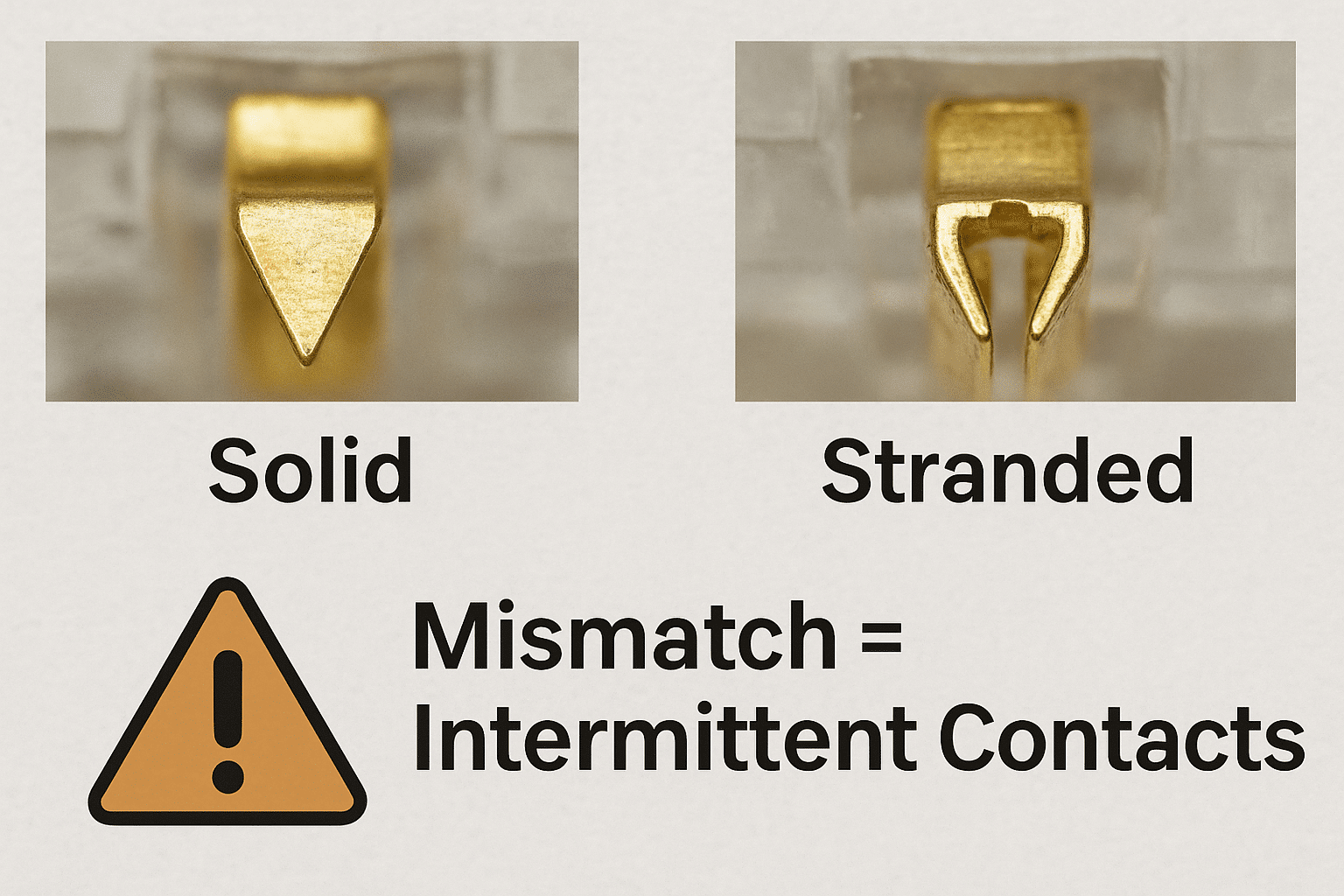 Close-up showing distinct contact geometries for solid and stranded RJ45 plugs. 