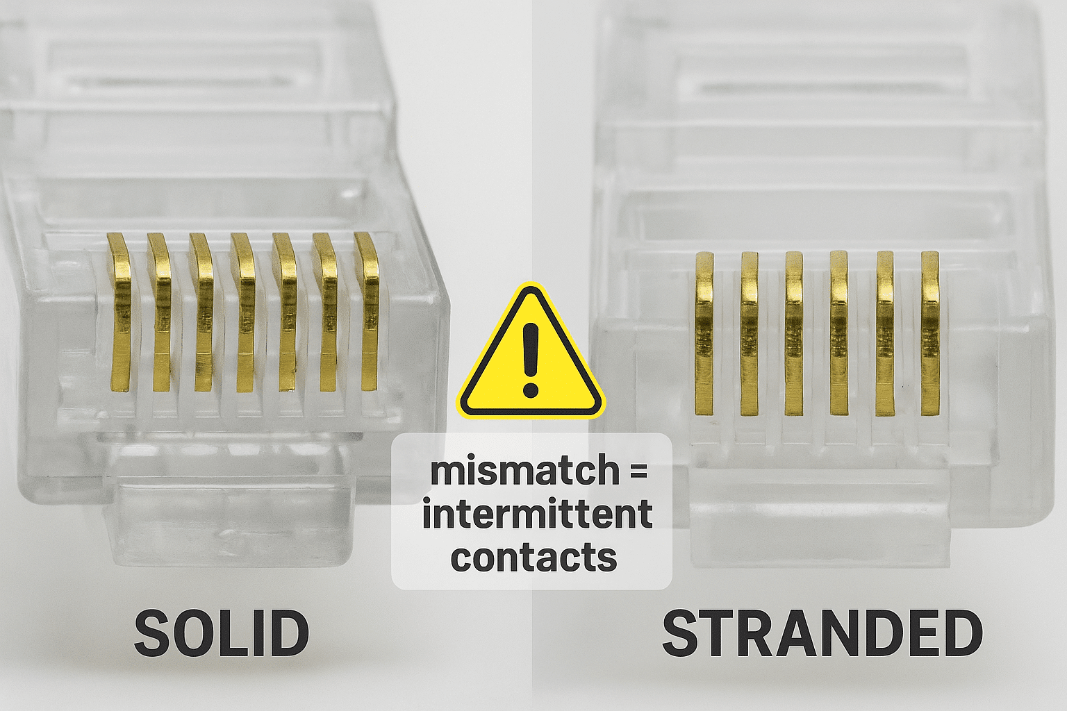  Macro sketch of RJ45 contact tooth styles for solid vs stranded conductors, with a warning badge “mismatch = intermittent contacts.” 16:9. 