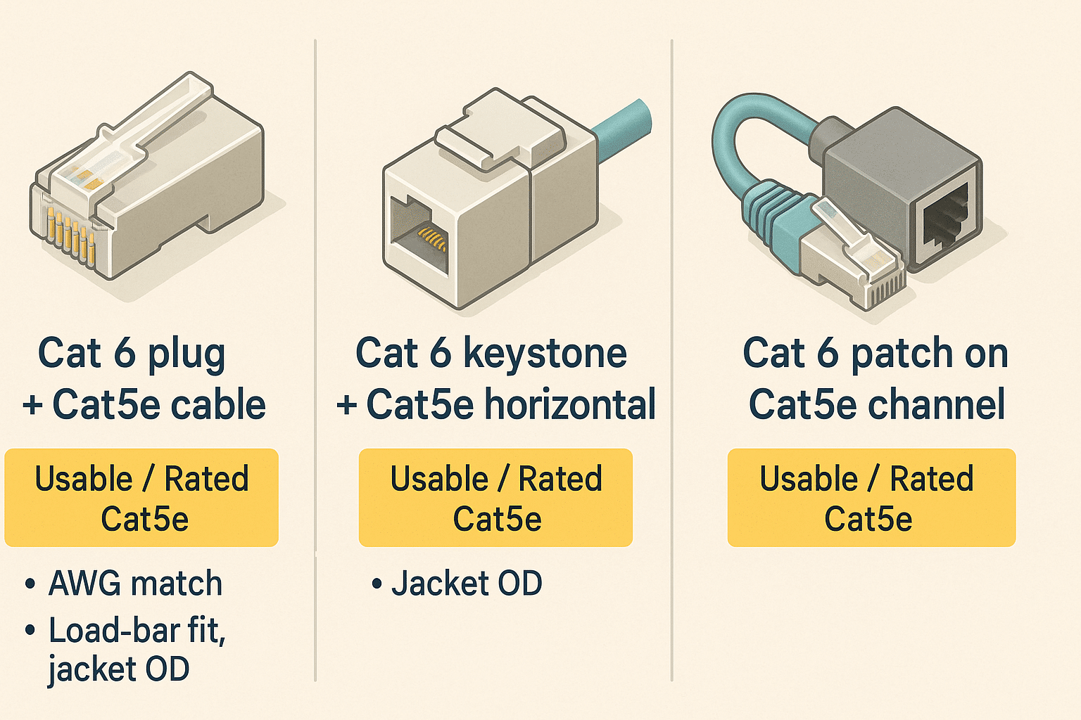 Diagram of common Cat 6/Cat5e mix scenarios showing that all remain rated Cat5e, with fit prerequisites highlighted. 