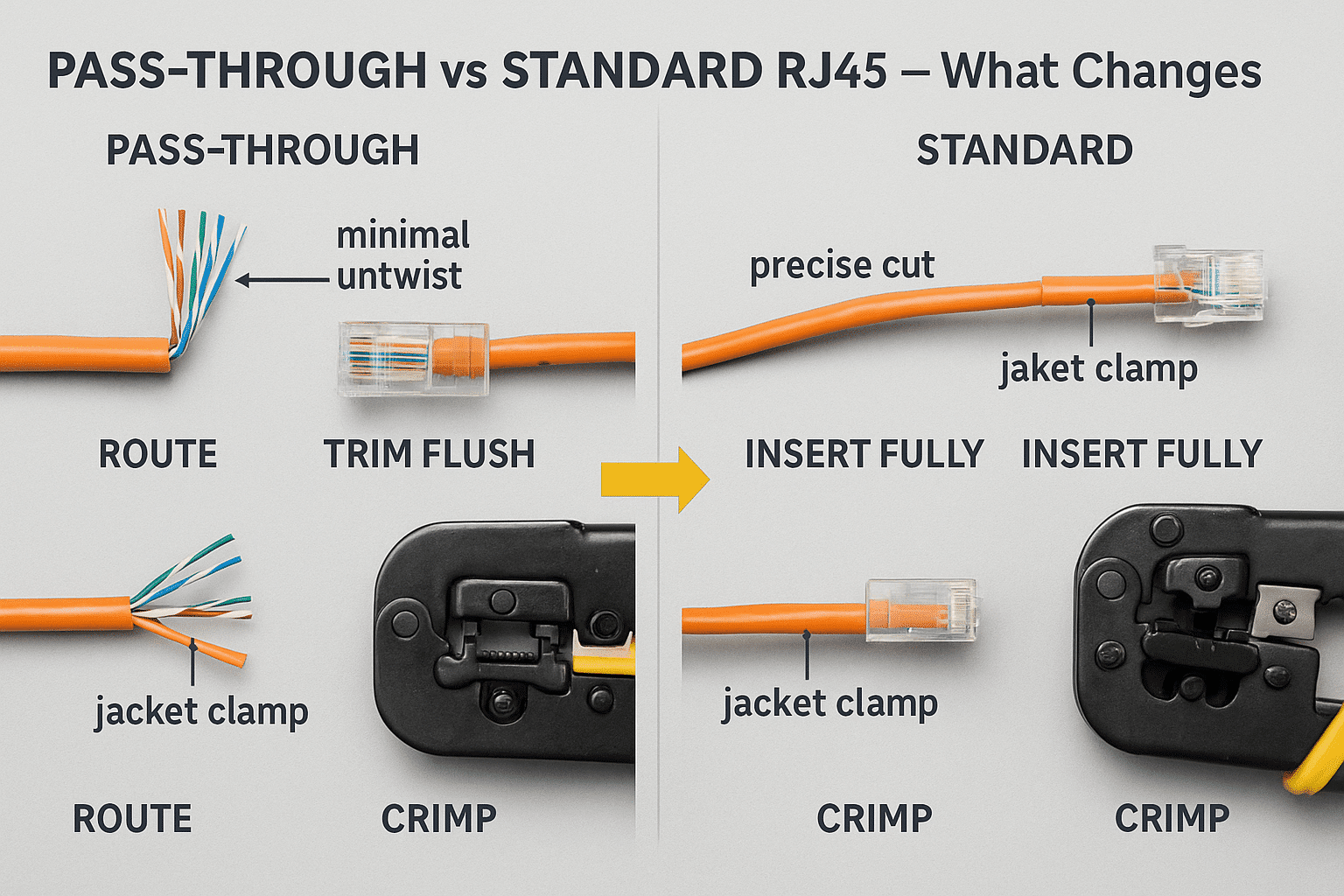 Visual comparison of pass-through and standard RJ45 terminations highlighting trim point and jacket capture. 