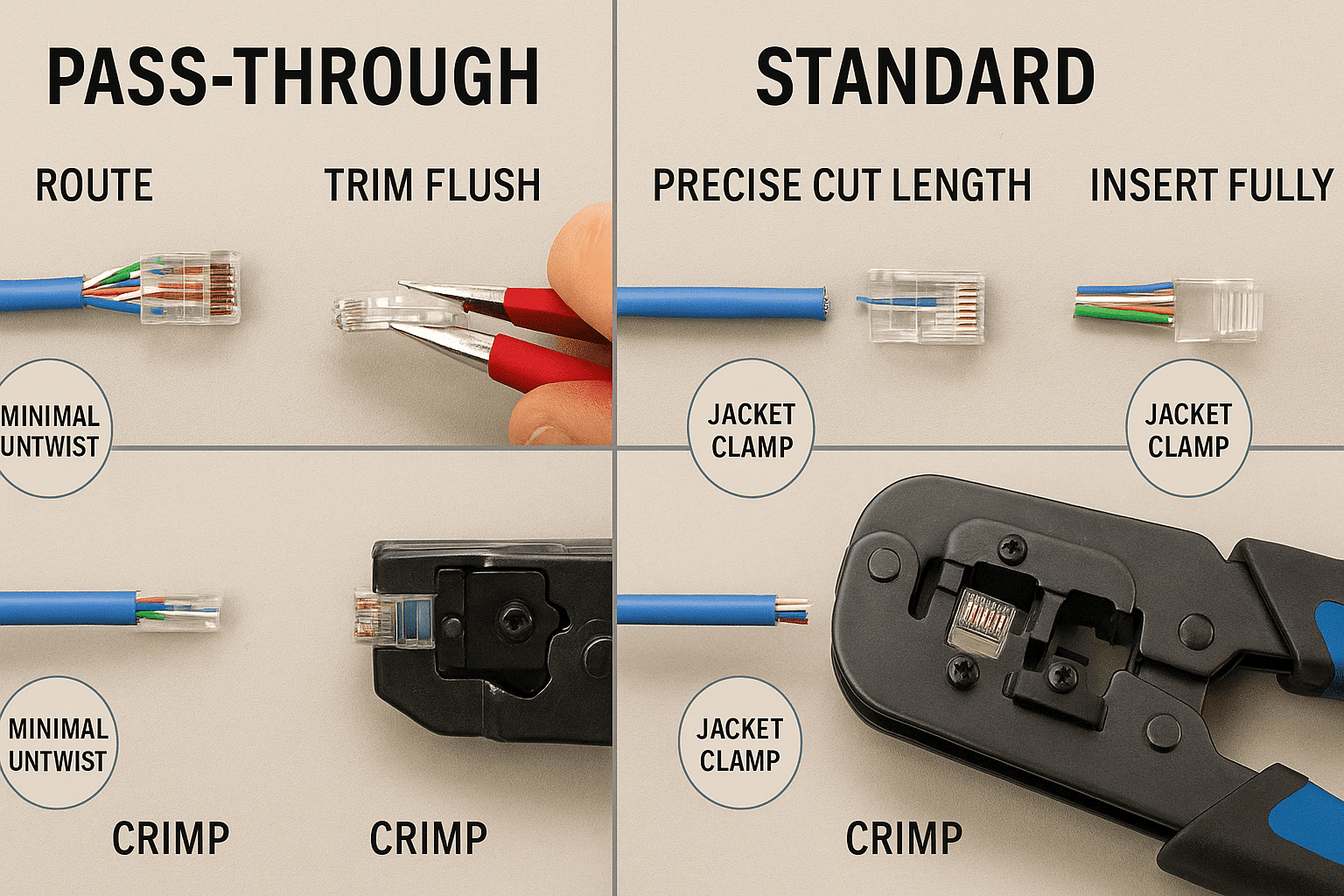 Visual comparison of pass-through and standard RJ45 terminations highlighting trim point and jacket capture