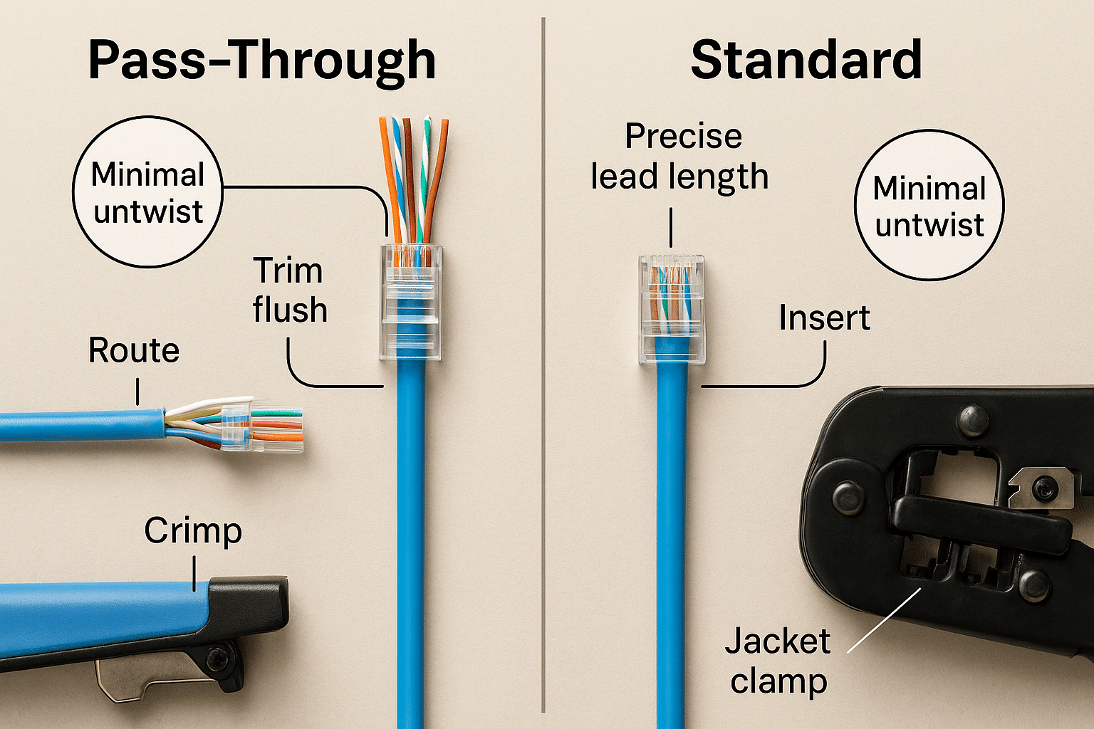 Visual comparison of pass-through and standard RJ45 terminations highlighting trim point, untwist length, and jacket clamp. 