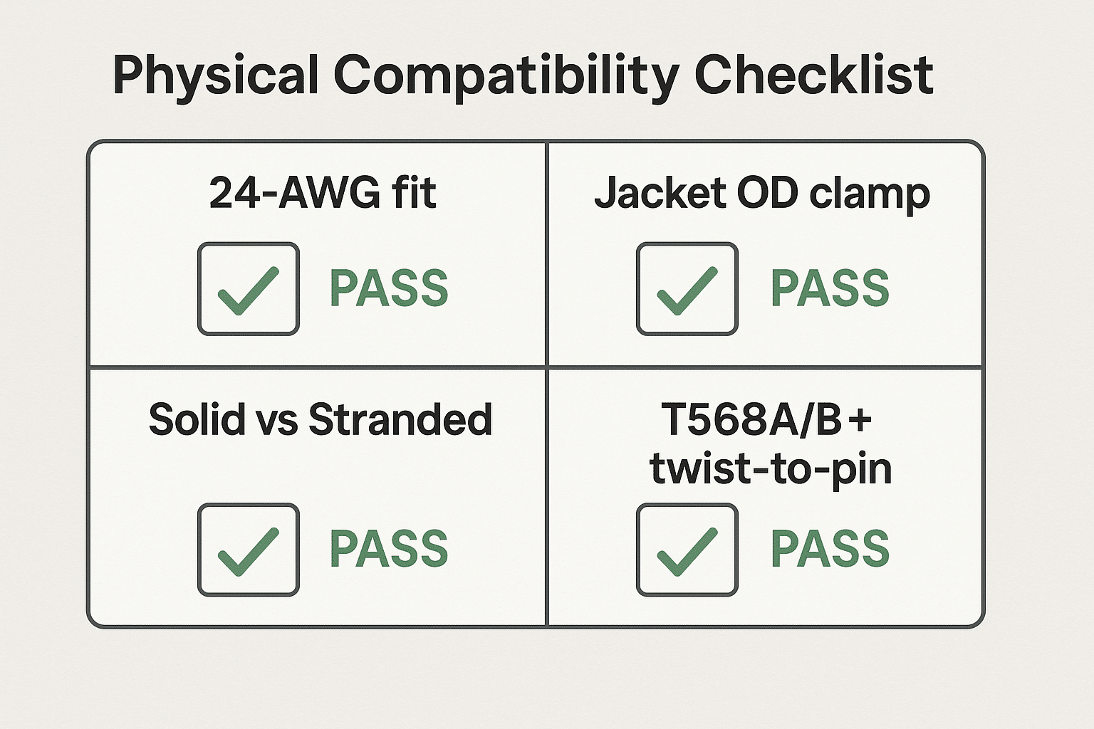  Infographic showing AWG fit, jacket OD clamp match, solid/stranded plug choice, and T568A/B with twist-to-pin for reliable Cat 6 on Cat5e terminations. 