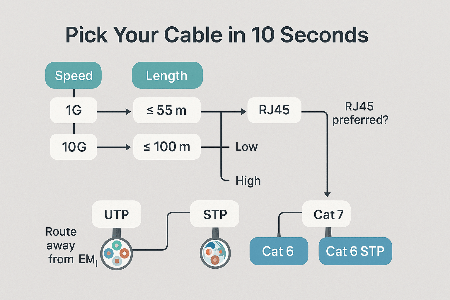 Decision flow turning speed, length, and EMI inputs into a clear cable choice. 