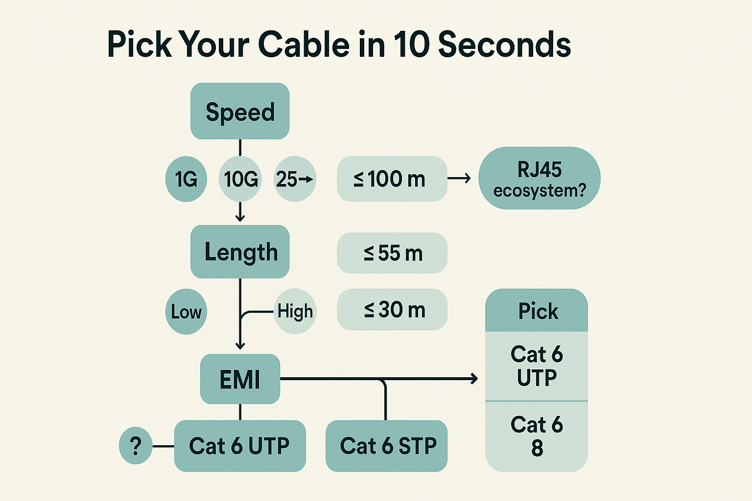 Decision flow turning speed, length, and EMI inputs into a clear Cat 5e/6/8 choice. 