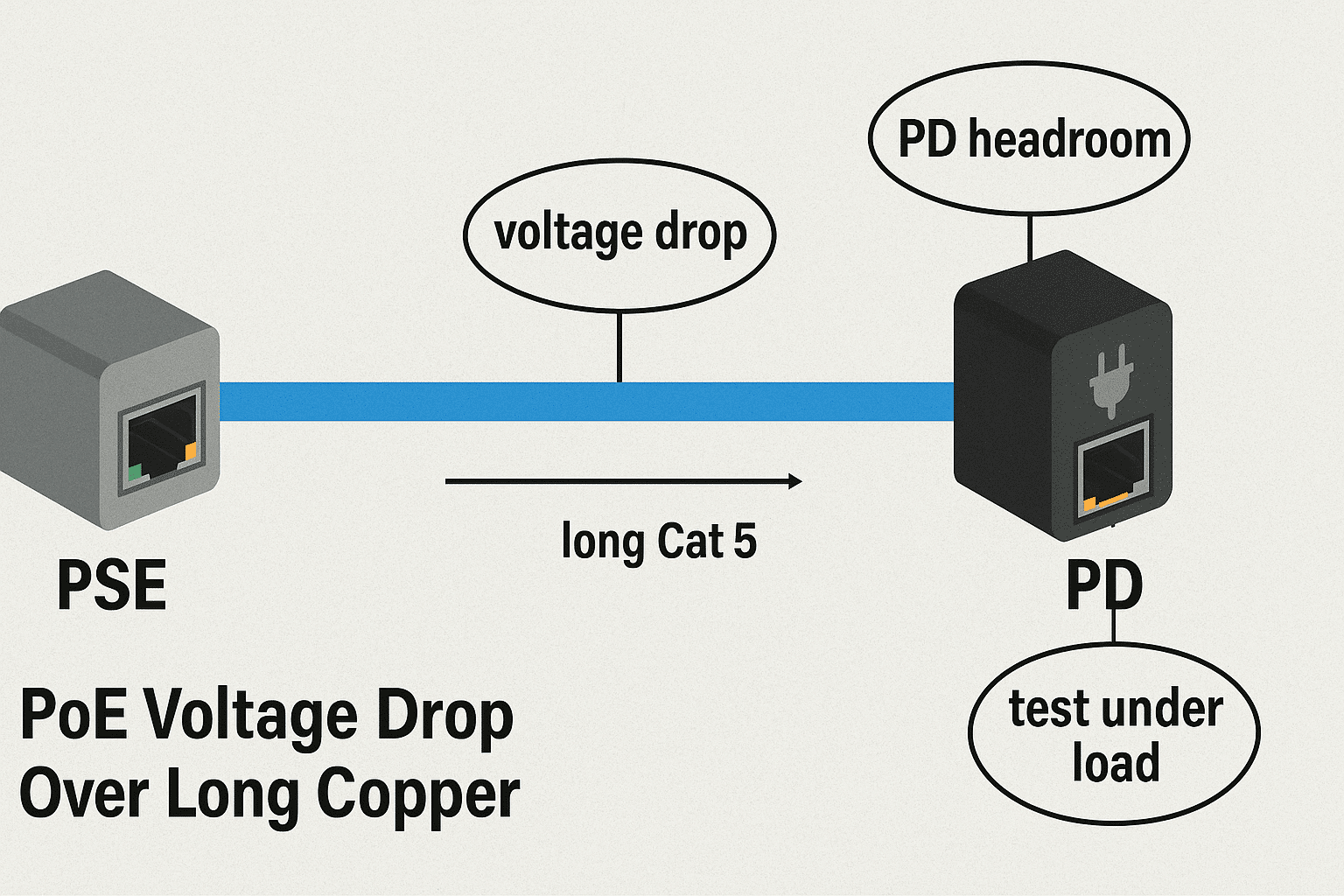 Diagram showing power loss along a long Cat 5 PoE run and why I test under load at the device. 