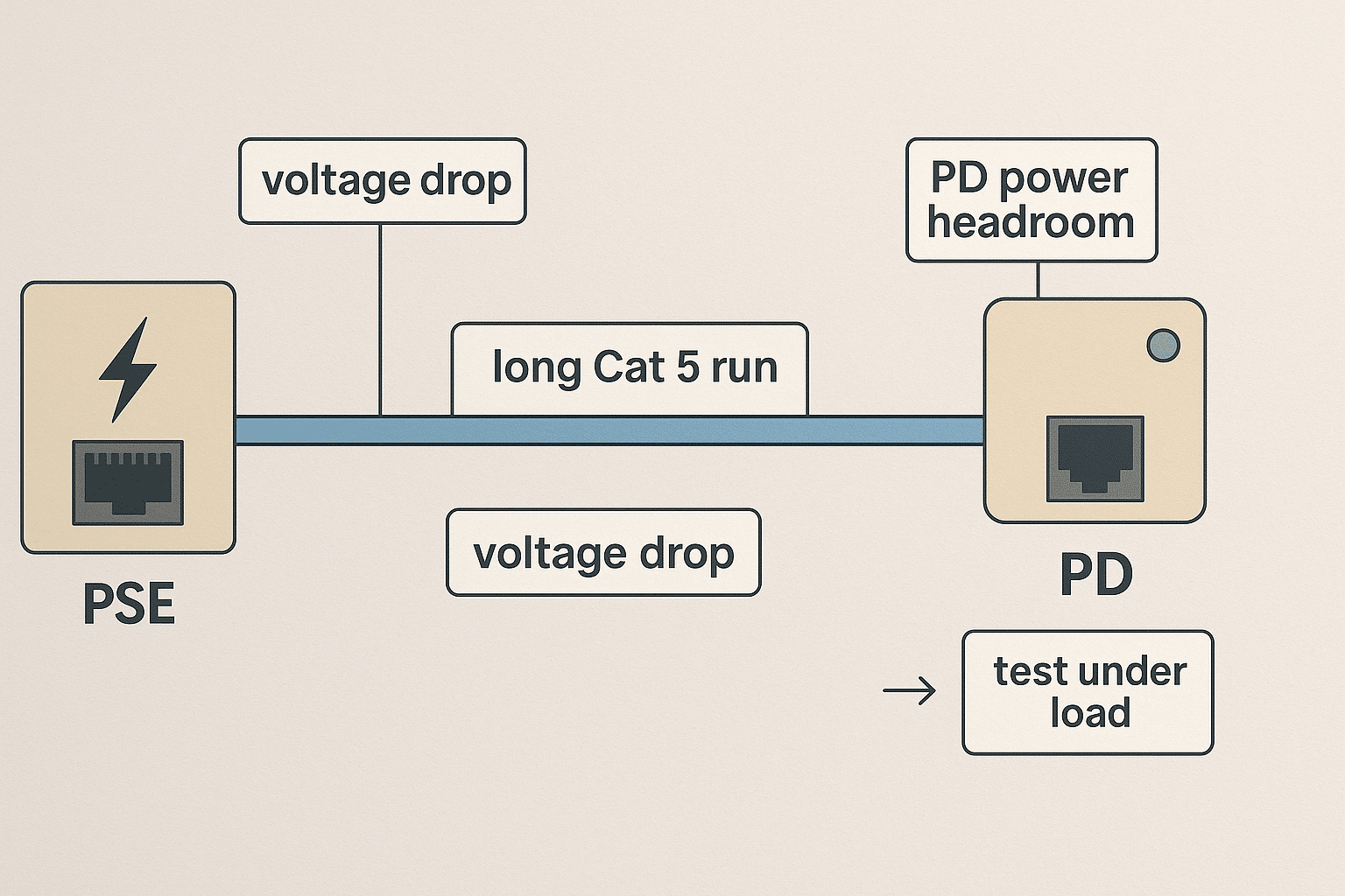 Diagram showing how voltage drops along a long PoE Cat 5 cable and why load testing at the device matters.