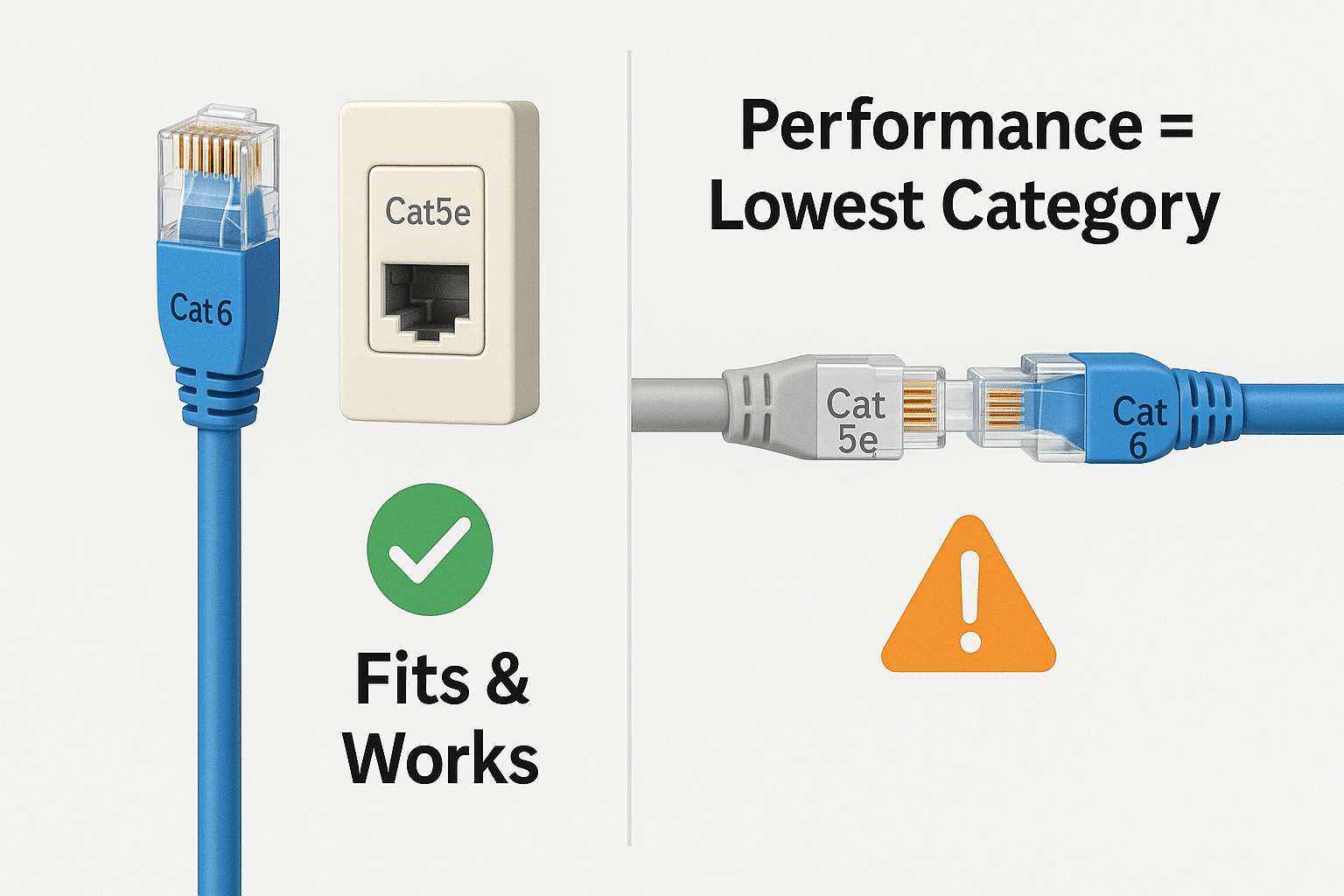 Illustration showing that Cat 6 cables plug into Cat 5e jacks without issue, but the overall channel is rated by the lowest category present.